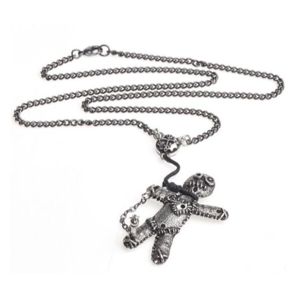 Voodoo Doll Pendant – Alchemy Gothic Pewter Charm w/ Button Eyes & Stitch Detail - Picture 3 of 6